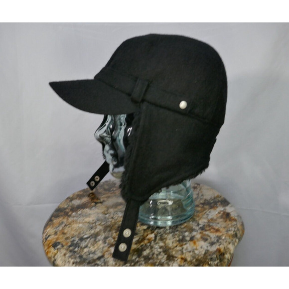 Calvin Klein Black Trapper Trooper Hat Chin Strap Ear Flaps Faux Fur One Size - Picture 14 of 16